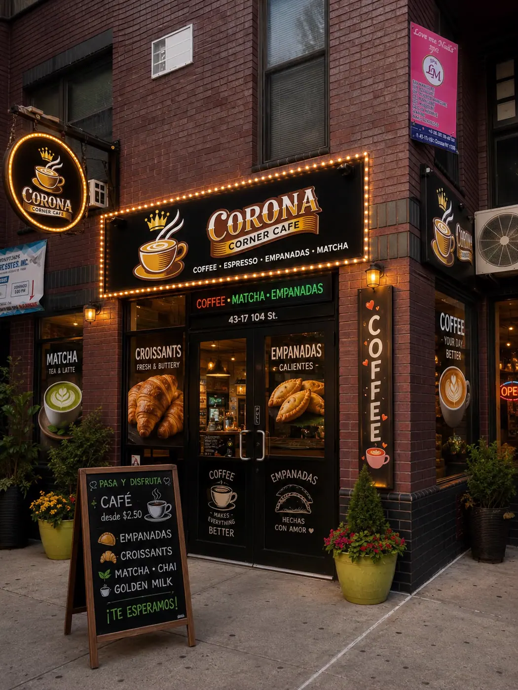 Corona Corner Cafe storefront at 43-17 104th St in Corona, Queens
